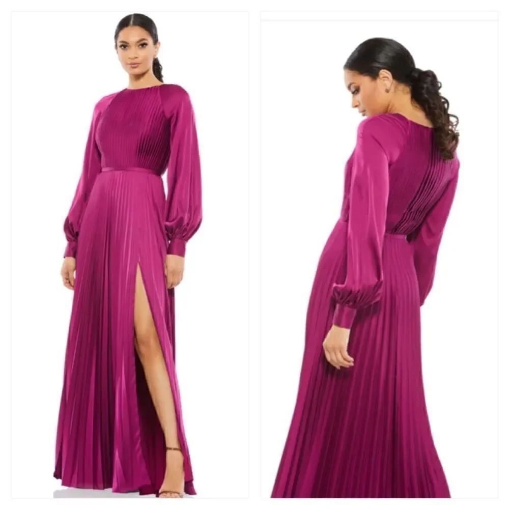 Mac Duggal Long Sleeve pleated high neck Gown 2 Berry Color NWT